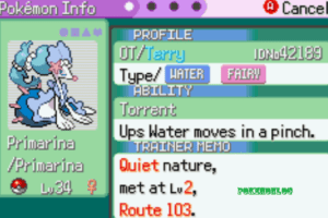 displaying info of primarina in pokemon moon emerald